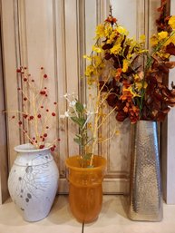 Hammered Silver, Butterscotch Glass And Modern Ceramic Vases With Silk / Glass Flowers