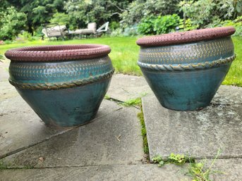 Pair Of Terracotta Glazed Greenish Blue Clay Pots With Nicely Braided Embossed Design Around Rim.