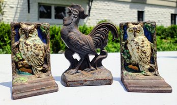 Wrought Iron Owl And Rooster Can Be Used As Book End, Door Stopper Or Outdoor Decoration