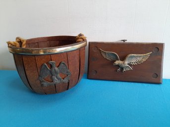 Wood Bucket Barrel And Plaque With American Eagle