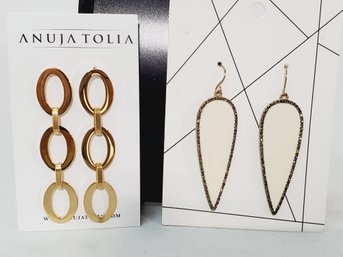 Two New Pairs Ladies Earrings - Ivory Enamel Pointed Drop & Anuja Trifecta 22k Gold Plate(Lot UU)