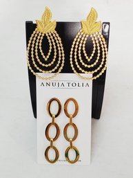 Two Pairs Of Anuja Trifecta 22k Gold Plated & Maura Gold Plate, Crystal Leaf Design Earrings (Lot VV)