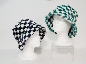 Two New Faux Fur Super Soft Black & Green Checkered Bucket Hats