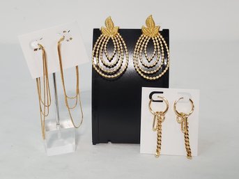 Three New Pairs Of Ladies Earrings - Gold Plated Chain Link, Snake Chain &  Gold Plated Crystal