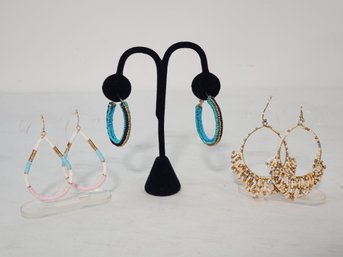 Trio Of New Seed Bead Colorful Hoop Earrings - (Lot GGG)