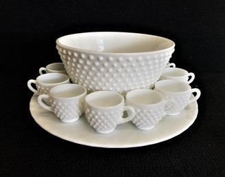 RARE  Unique Fenton White  Hobnail Milk Glass Punch Bowl W/underplate And 12 Punch Glasses