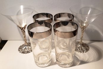 Grey Goose Martini Glasses And Four Silver Rimmed Highball Glasses