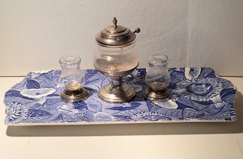 Antique Sterling Silver Condiment Bowl With Sterling Salt And Pepper Shakers Paired With Spode Blue Floral Tra