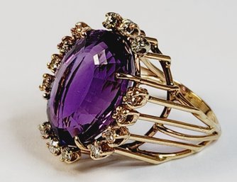 Unique .... 14 K Yellow Gold Diamond &  AMETHYST Huge Stone Hand Made Ring