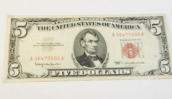 1963 Red Seal $5 Dollar Bill (60 Years Old) U S Note