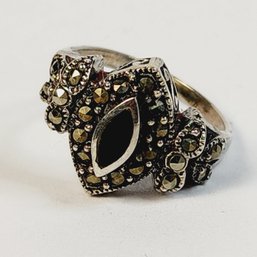 Vintage Sterling Silver Onyx And Marcasite Ring