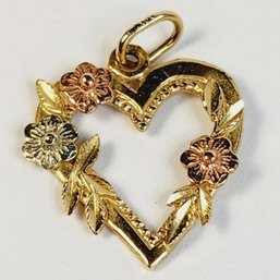 14k Yellow Gold 3 Tone Heart With Flowers Pendant