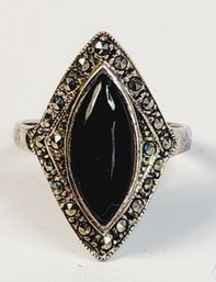 Vintage Sterling Silver Onyx And Marcasite Ring