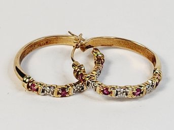 10k Yellow Gold Ruby Stone And Stud Hoop Earring