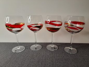 Hand Crafted Stimas Red Swirled Stemmed Wine Glasses Made In Romania