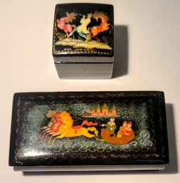 Two Small Russian Lacquered Fairytale Boxes