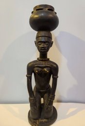 Carved African Figurine Of Woman Balancing Basket