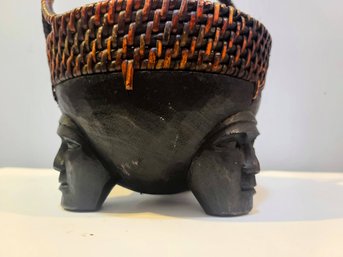 Intricate African Basket With Hand-Carved Ladies' Heads To Stand On