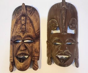 Pair Of Rustic Vintage African Wooden Masks Male & Female