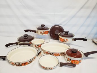 Vintage 1970s Moneta Sorrento Series Orange & Brown Floral Porcelain Enamel Cookware Set