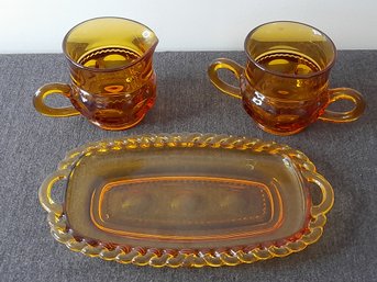 Amber Glass Sugar And Creamer Set With Tray