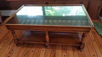 Ethan Allen - Solid Wood Coffee Table  Glass Insert On Top  Bottom Shelf  50x32x20H