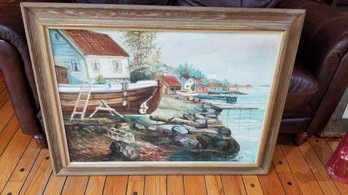 Wood Framed Artwork - Oil On Canvas -  Boat Scene - 39x30