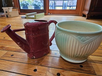 Ceramic Watering Can And Flower Pot