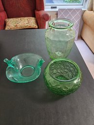 3 Pieces Of Green Glass Items - 2 Depression