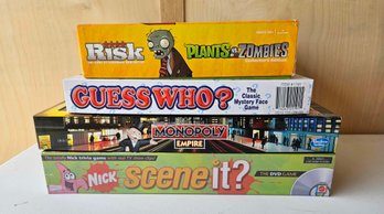 4 Board Games, Scene It (new), Risk, Monopoly Empire, Guess Who Office Version