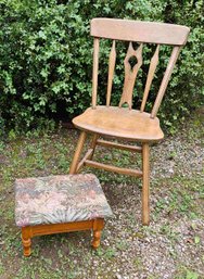 Wooden Chair And Foot Stool W Storage (needs To Be Recovered)