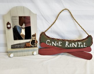 Rustic Framed Mirror With Shelf/Hooks And Canoe Rental Wood Wall Hangings