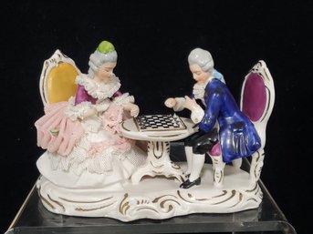 Beautiful Vintage Dresden Porcelain Lace Victorian Courting Couple Playing Chess Figurine