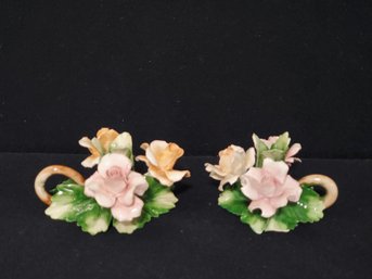 Two Vintage Capodimonte Italy Signed Painted Porcelain Tape Candlestick Holders