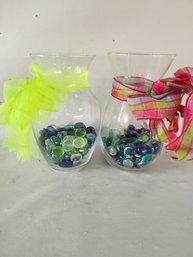 2 Glass Vases With Ribbons And Glass Rocks