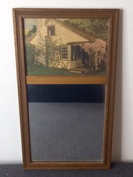 HALL MIRROR WOOD FRAME WITH MATTE FRAMED COUNTRY COTTAGE SCENE