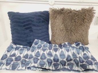Two Furry Accent Pillows & Blue Pillow Shams