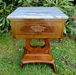 Antique Victorian Marble Top Harp Lyre End Table. Handle With Hand Carved Flowers.