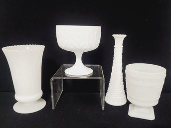 Four Vintage Milk Glass Vases & Bowl - FTD, E.O. Brody