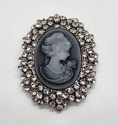 Gray Resin Cameo, Austrian Crystal Brooch In Silvertone