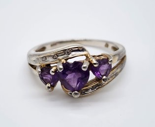 Stunning Vintage 3 Stone Amethyst Heart Ring In Sterling