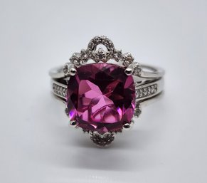 Radiant Orchid Quartz, White Zircon Stackable Rings In Platinum Over Sterling