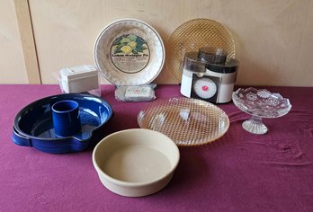 Mixed Kitchen Lot W Pie Dishes, Weight Watcher Scales And More
