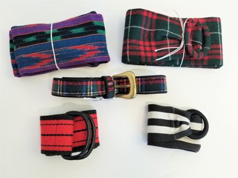 Five Women's Plaid And Striped Canvas Belts Size Medium