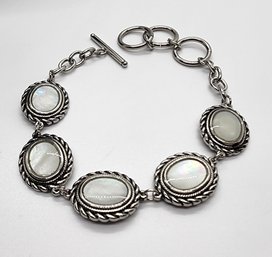 White Mother Of Pearl Station Bracelet In Stainless