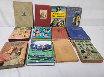 Mixed Lot Of Twelve Vintage Books- Treasure Island, The Hobbit, Lassie & More (Lot J)