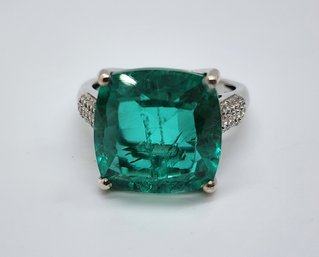 Emeraldine Quartz, White Zircon Ring In Platinum Over Sterling