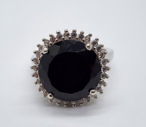 Australian Black Tourmaline, Natural White Zircon Halo Ring In Platinum Over Sterling