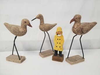 Vintage Hand Carved Wooden Sandpipers & Old Seafarer Fisherman