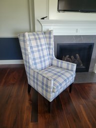 Lee White / Blue Plaid Wingback Chair. Made In The USA.  - - - - - - - - - - -  - - - - - - - - - - Loc:Garage